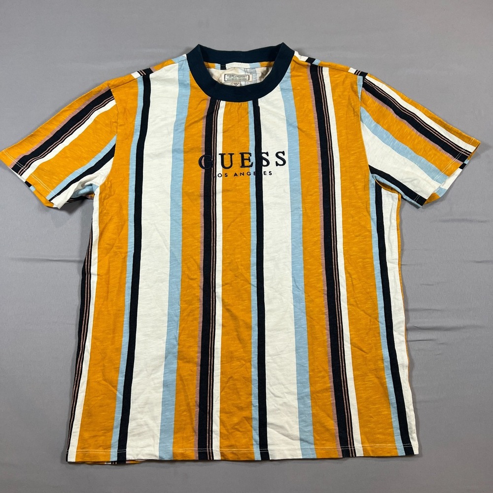 Guess Los Angeles T Shirt Mens M Multicolor Vertical Striped Cotton Crew Neck